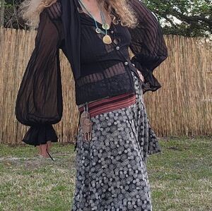 Punk Rave Black Sheer Blouse Distressd Burnout stripe Pirate LaceUp Back MEDIUM